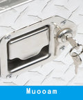 Close-up of the lock mechanism of Badass Heavy Duty Twenty Inch Aluminum Diamond Plate Tool Box With Rock Solid Sealed Locks.