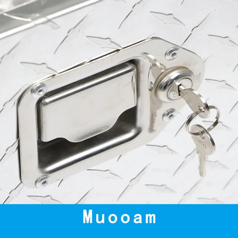 Close-up of the lock mechanism of Badass Heavy Duty Twenty Inch Aluminum Diamond Plate Tool Box With Rock Solid Sealed Locks.