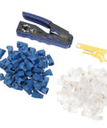 All In One Ethernet Crimp Tool For Cat5 Cat5e Cat6 Cat6A Pass Through Connectors Cutter And Wire Stripper, blue connectors, yellow tool