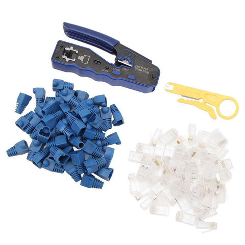 All In One Ethernet Crimp Tool For Cat5 Cat5e Cat6 Cat6A Pass Through Connectors Cutter And Wire Stripper, blue connectors, yellow tool