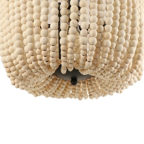 Close-up of One Light Wood Beaded Chandelier Mini Rustic Farmhouse Boho Pendant Lighting for Dining Room Entryway Grey Blue Beads