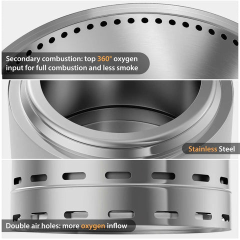 Smokeless Fire Pit For Outdoor Wood Burning With Dual Air Intake Holes, Portable Camping And Patio Fire Pit, Silver Finish, stainless steel detail.