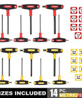 14 Piece Hex Key Set With T Handle Long Arm Allen Wrenches SAE And Metric, Heavy Duty Torque, Non Slip Grips, size chart view
