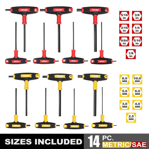 14 Piece Hex Key Set With T Handle Long Arm Allen Wrenches SAE And Metric, Heavy Duty Torque, Non Slip Grips, size chart view
