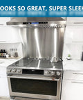 Modern kitchen with 24 By 30 Stainless Steel Backsplash for kitchen behind stove with screws, scratch resistant metal panel.