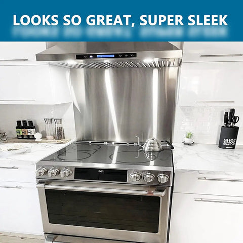 Modern kitchen with 24 By 30 Stainless Steel Backsplash for kitchen behind stove with screws, scratch resistant metal panel.