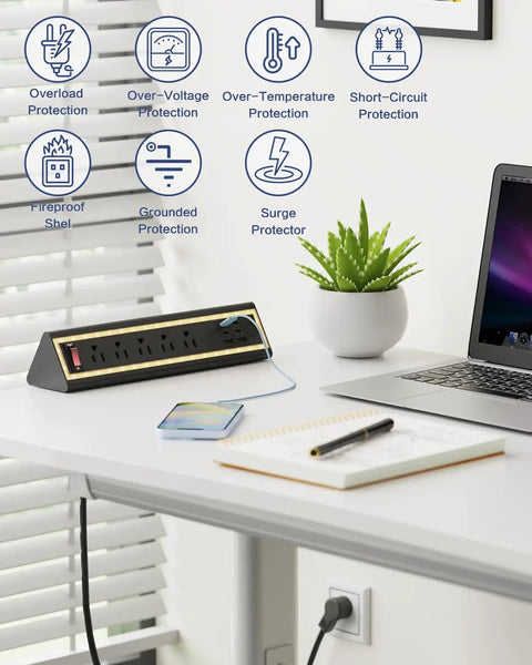 Space Saving Desk Clamp Power Strip With Night Light, 40W Fast Charging, 6ft Cord, setup on desk with plant and notebook