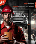 Mechanic holding Mercedes-Benz 10K Miles Protection Oil Filter in garage, truck on lift, ideal for Mercedes, Chrysler, Dodge.