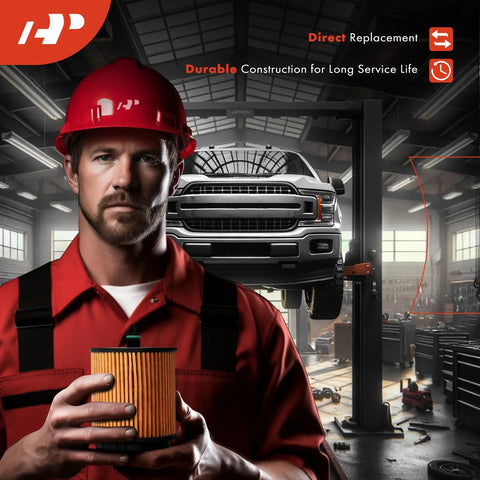 Mechanic holding Mercedes-Benz 10K Miles Protection Oil Filter in garage, truck on lift, ideal for Mercedes, Chrysler, Dodge.