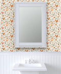 Top Tier Matte Wallpaper Featuring Pastel Hen Pattern And Subtle Linen Texture in a bathroom setting with mirror.