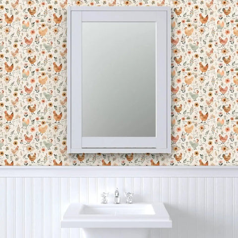 Top Tier Matte Wallpaper Featuring Pastel Hen Pattern And Subtle Linen Texture in a bathroom setting with mirror.