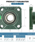 Front and side views of green UCF205-16 pillow block bearing with 1 inch bore and four-bolt square flange.