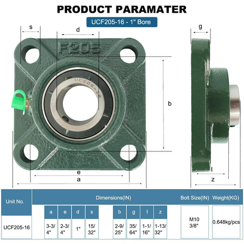 Front and side views of green UCF205-16 pillow block bearing with 1 inch bore and four-bolt square flange.