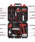 Red 8V Cordless Drill Set With 126-Piece Hand Tool Kit For Women, in case with drill, bits, wrench, hammer and screws