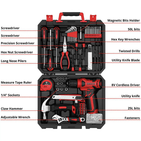 Red 8V Cordless Drill Set With 126-Piece Hand Tool Kit For Women, in case with drill, bits, wrench, hammer and screws