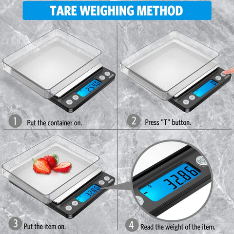 Pocket Digital Kitchen Scale For Jewelry And Cooking, 500g Capacity With 0.01g Precision, showing tare weighing method