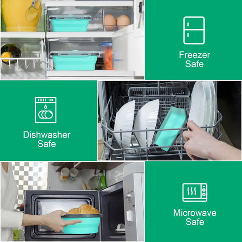 Eight Pack Collapsible Food Storage Containers With Lids in fridge, dishwasher, and microwave setup for space-saving kitchen use.