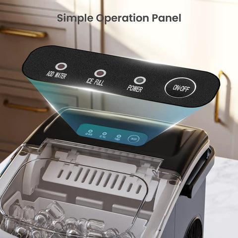 Countertop Ice Maker With Handle Delivers 9 Bullet Ice Cubes In 6 Minutes, clear top view of control panel, buttons visible