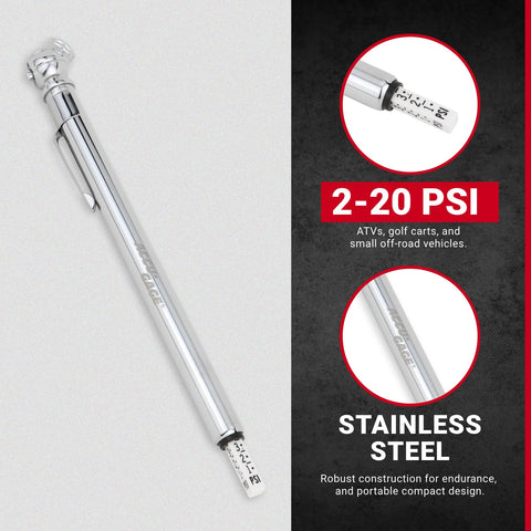 Pencil Tire Pressure Gauge 2 To 20 PSI With Built In Deflator Heavy Duty Stainless Steel Single Head Air Chuck Low Pressure Meter