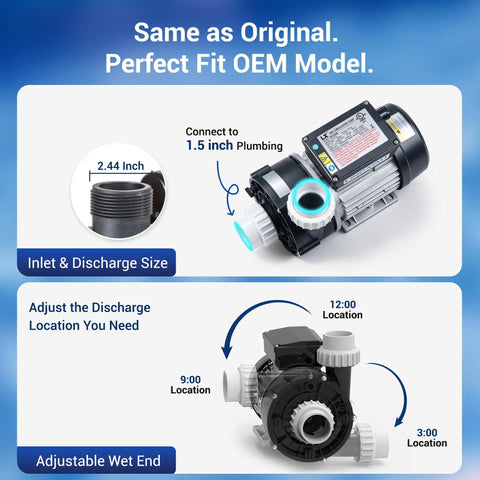 Top Rated Hot Tub Circulation Pump Runs Like A Champ With Smooth Sixty Three Gpm Flow And Solid 230V Power For Dependable Spa Maintenance Straight Up Upgrade For Any Backyard Setup Now, showing adjustable wet end and plumbing connections.