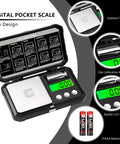 Pocket Digital Gram Scale 300 G Capacity With Zero Point Zero One G Increments Mini High Precision Jewelry Scale, open with accessories