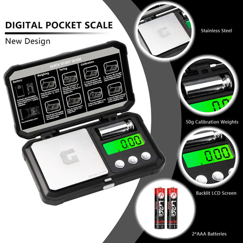 Pocket Digital Gram Scale 300 G Capacity With Zero Point Zero One G Increments Mini High Precision Jewelry Scale, open with accessories