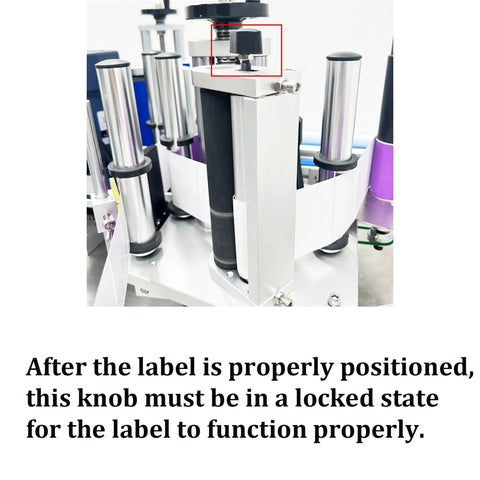 Close-up of the locking knob on the Fast Track Automatic Desktop Conveyor Round Bottle Labeler for 4 to 10 cm bottles.