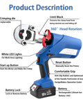 Heavy Duty Cordless Electric Hydraulic Crimping Pliers With Dual 4.0Ah Lithium Packs showing features like 360° head rotation and LED lights.