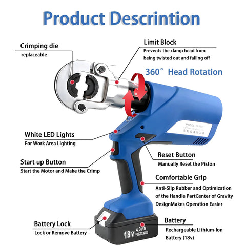 Heavy Duty Cordless Electric Hydraulic Crimping Pliers With Dual 4.0Ah Lithium Packs showing features like 360° head rotation and LED lights.