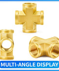 Multi-angle view of Brass Four Way NPT Female Cross Fitting with Four One Quarter Inch Ports built to last for plumbing and pneumatic lines.