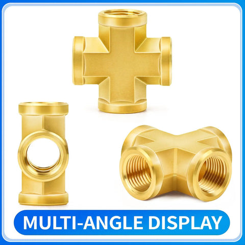 Multi-angle view of Brass Four Way NPT Female Cross Fitting with Four One Quarter Inch Ports built to last for plumbing and pneumatic lines.