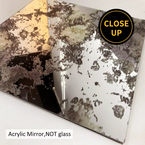 Close-up view of Silver Antique Acrylic Wall Panels, 11x11 inches, showing shatter-resistant, rustic rust pattern, humidity safe.