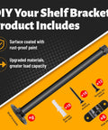 Heavy Duty Black Pipe Shelf Brackets 8 Inch Set accessories and materials listed for DIYers home office garage.