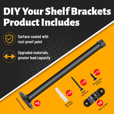 Heavy Duty Black Pipe Shelf Brackets 8 Inch Set accessories and materials listed for DIYers home office garage.