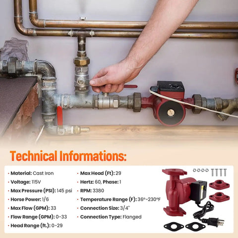 115V 1/6HP Water Circulator Pump With Rock Solid Cast Iron Housing For Radiant And Hydronic Heating Jobs, installed in piping systems.