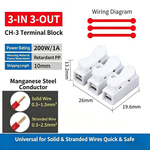 Ditch The Tapes And Tools With These Badass 100Pcs Quick Wire Connectors For Lightning Fast LED And Electrical Splice Jobs That Feel Like Magic On Any Diy Project Or Home Build Without Stressing About Screw Tighteners. 3-in 3-out CH-3 terminal block, 100pcs