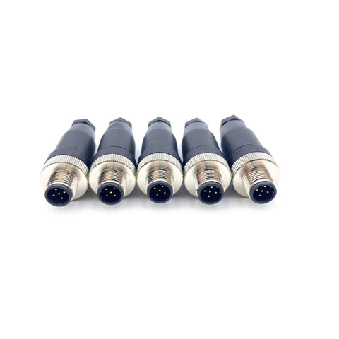 Five M12 5 Pin B Code Male Circular Connector IP67 Waterproof For Industrial Sensors, brass gold-plated contacts, field assembly adapters shown.