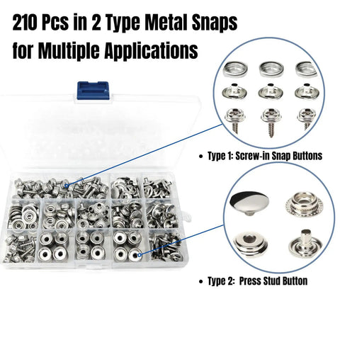 Stainless Steel Snaps Kit With 210 Pieces Marine Grade 15mm Snap Buttons, Screws And Press Studs For Boat Canvas Covers Upholstery Cushions Leather Tents Tarps Carpets And More Durable Carry Case Included displayed in a plastic case with snap types