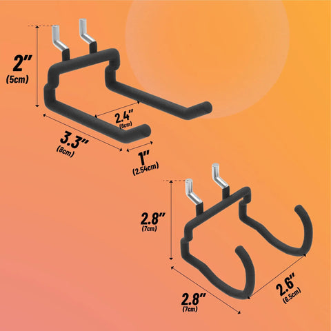 8 Piece Pegboard Drill Holder And Utility Hooks Set Heavy Duty Vinyl Coated Tool Organizer dimensions on orange background