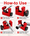 Step-by-step use of Heavy Duty 4 Piece Pipe And Tubing Cutter Set With Deburring Tool And Reamer for efficient pipe cutting.
