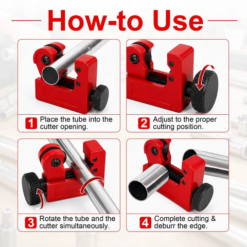 Step-by-step use of Heavy Duty 4 Piece Pipe And Tubing Cutter Set With Deburring Tool And Reamer for efficient pipe cutting.