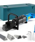 Heavy Duty 1400W Electric Hydraulic Rebar Bender Machine with accessories and rebar rods for construction projects.