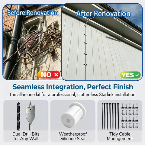 Rock The Perfect Starlink Wall Setup With This Super Sleek Routing Kit For Gen2 And Gen3 Dishes Plus Mini Ethernet Models, Includes 34 Inch Drill Bit White Steel Seal Clips Ties To Keep Cables Neat And Mess-Free Easy Install. before and after wall cable routing kit