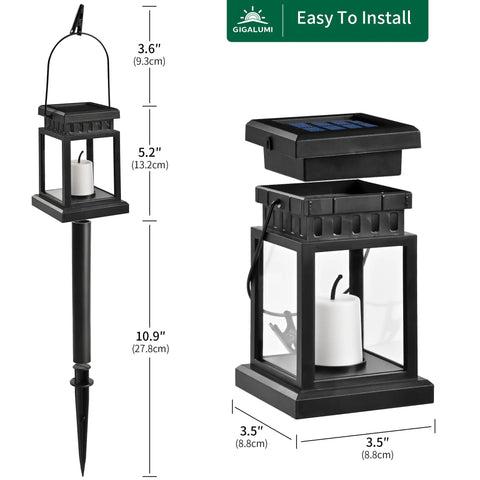 8 Pack Solar Hanging Lanterns Outdoor With Candle Effect Warm White Light shown with dimensions and components.