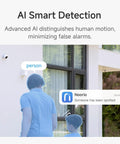 Wireless Outdoor Security Camera 2K With AI Motion Detection showing alert on smartphone, mounted on house exterior with people.