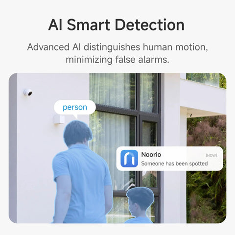 Wireless Outdoor Security Camera 2K With AI Motion Detection showing alert on smartphone, mounted on house exterior with people.