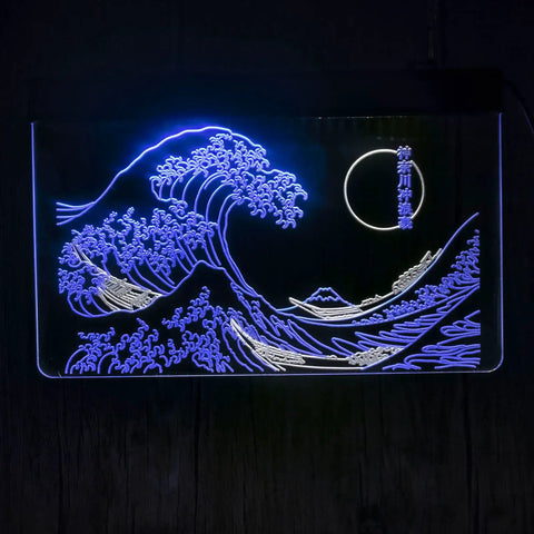 Great Wave Off Kanagawa LED Neon Sign Wall Art Dope Ukiyoe Vibe For Modern Rooms 16x24 Inches Blue And White Neon Light