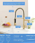 AIMADI Brushed Gold Kitchen Faucet with Pull Down Sprayer dimensions showing faucet, spout height, and reach on a kitchen sink.