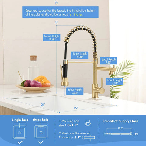 AIMADI Brushed Gold Kitchen Faucet with Pull Down Sprayer dimensions showing faucet, spout height, and reach on a kitchen sink.