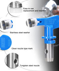 Close-up of a blue reversible airless sprayer tip with stainless steel and tungsten parts, labeled for easy use and cleaning.